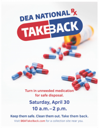 Picture of an opened pill bottle with the DEA National Take Back logo